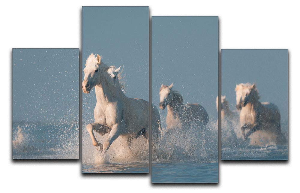 Wite Horses Running In Water 4 Split Panel Canvas - Canvas Art Rocks - 1