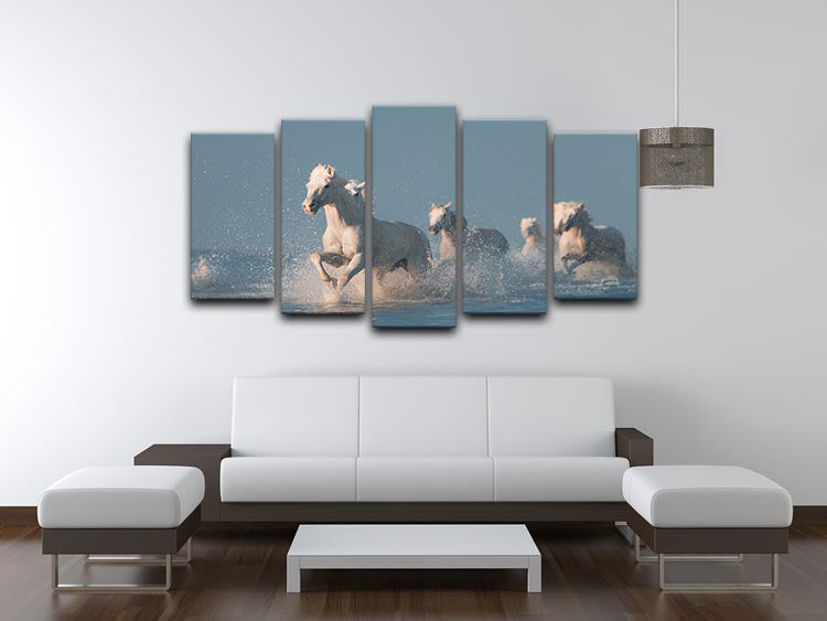 Wite Horses Running In Water 5 Split Panel Canvas - Canvas Art Rocks - 3