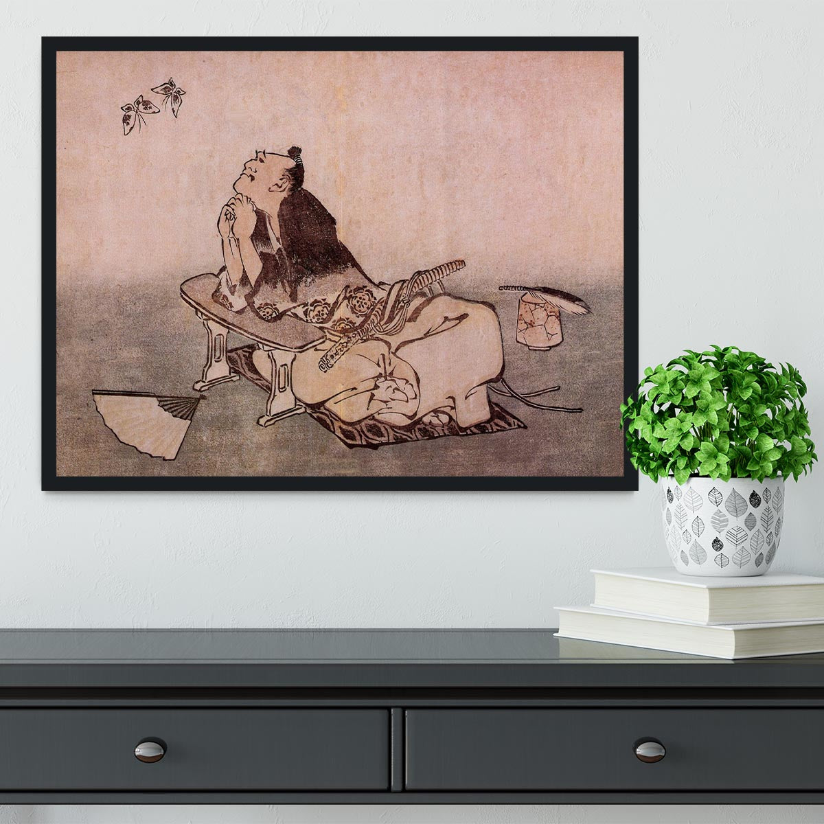 A Philospher looking at two butterflies by Hokusai Framed Print - Canvas Art Rocks - 2