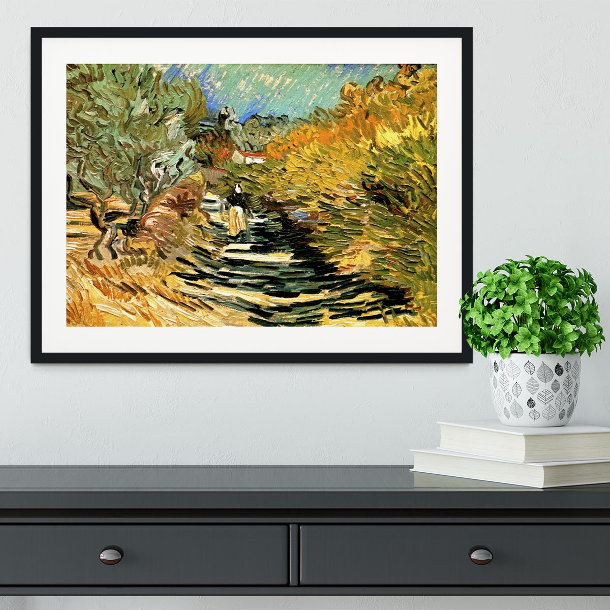 A Road at Saint-Remy with Female Figure by Van Gogh Framed Print - Canvas Art Rocks - 1