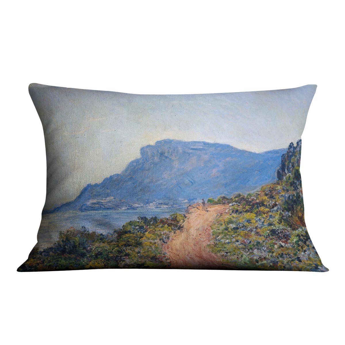 A coastal view with a bay by Monet Cushion
