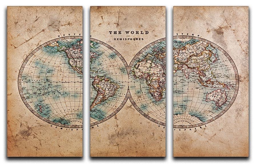 A genuine old stained World map 3 Split Panel Canvas Print - Canvas Art Rocks - 1