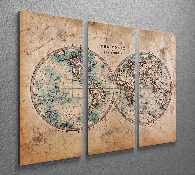 A genuine old stained World map 3 Split Panel Canvas Print - Canvas Art Rocks - 2