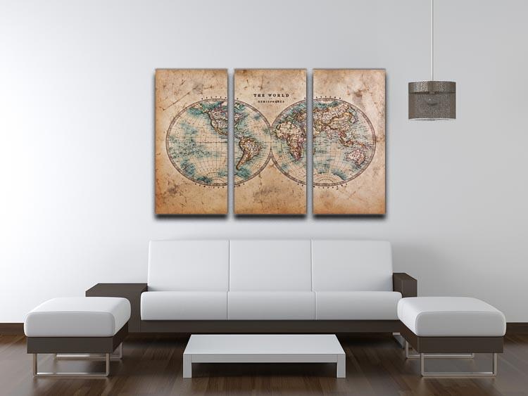 A genuine old stained World map 3 Split Panel Canvas Print - Canvas Art Rocks - 3