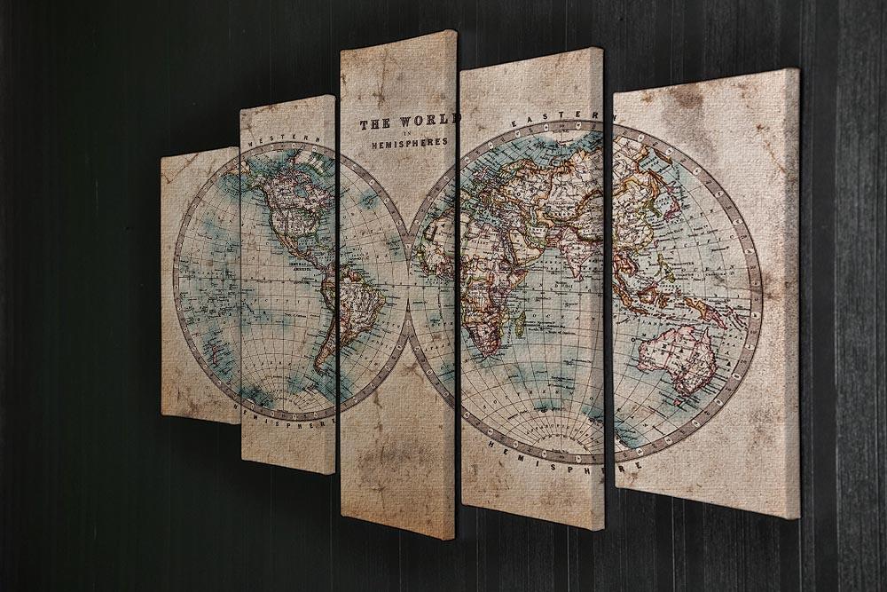 A genuine old stained World map 5 Split Panel Canvas  - Canvas Art Rocks - 2