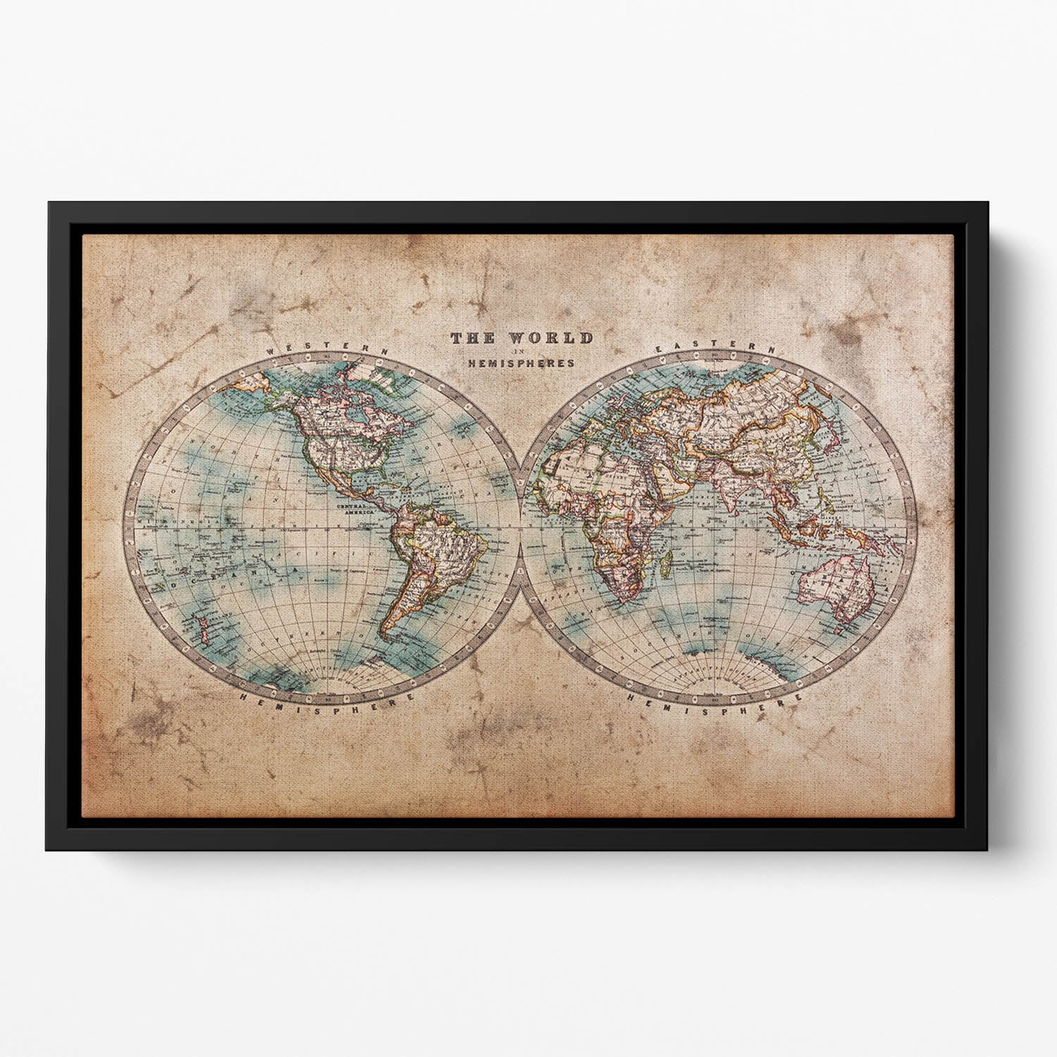A genuine old stained World map Floating Framed Canvas