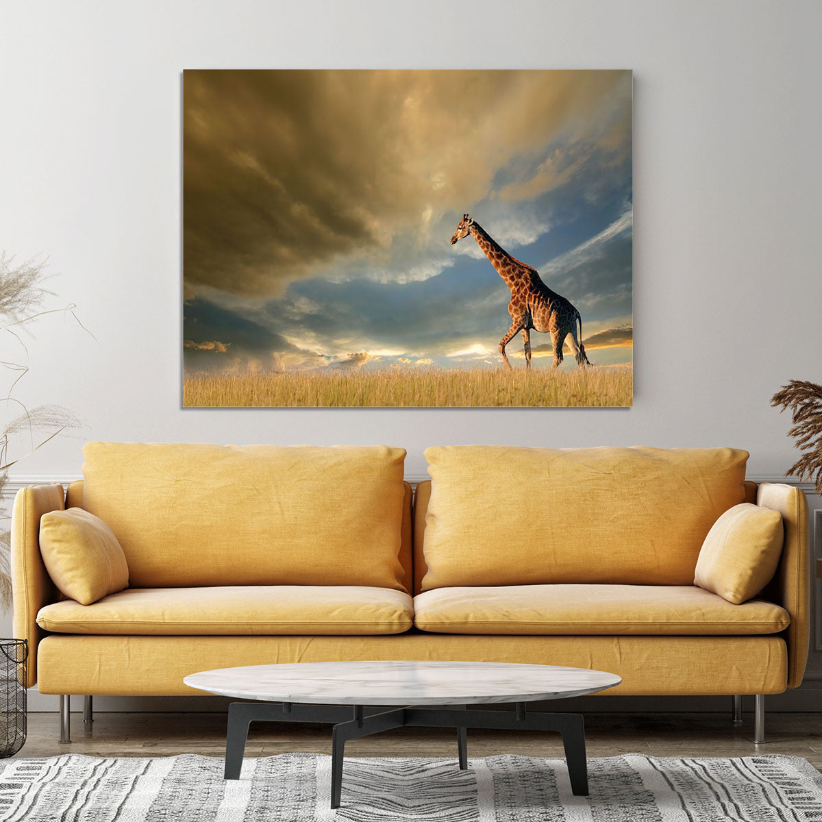 A giraffe walking on the African plains against a dramatic sky Canvas Print or Poster - Canvas Art Rocks - 4