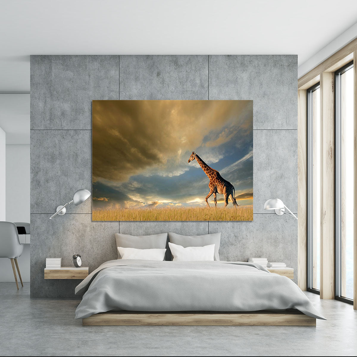 A giraffe walking on the African plains against a dramatic sky Canvas Print or Poster - Canvas Art Rocks - 5