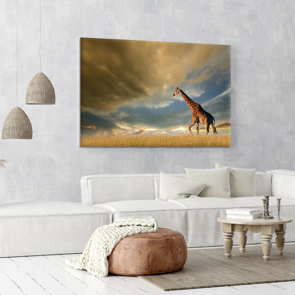 A giraffe walking on the African plains against a dramatic sky Canvas Print or Poster - Canvas Art Rocks - 6