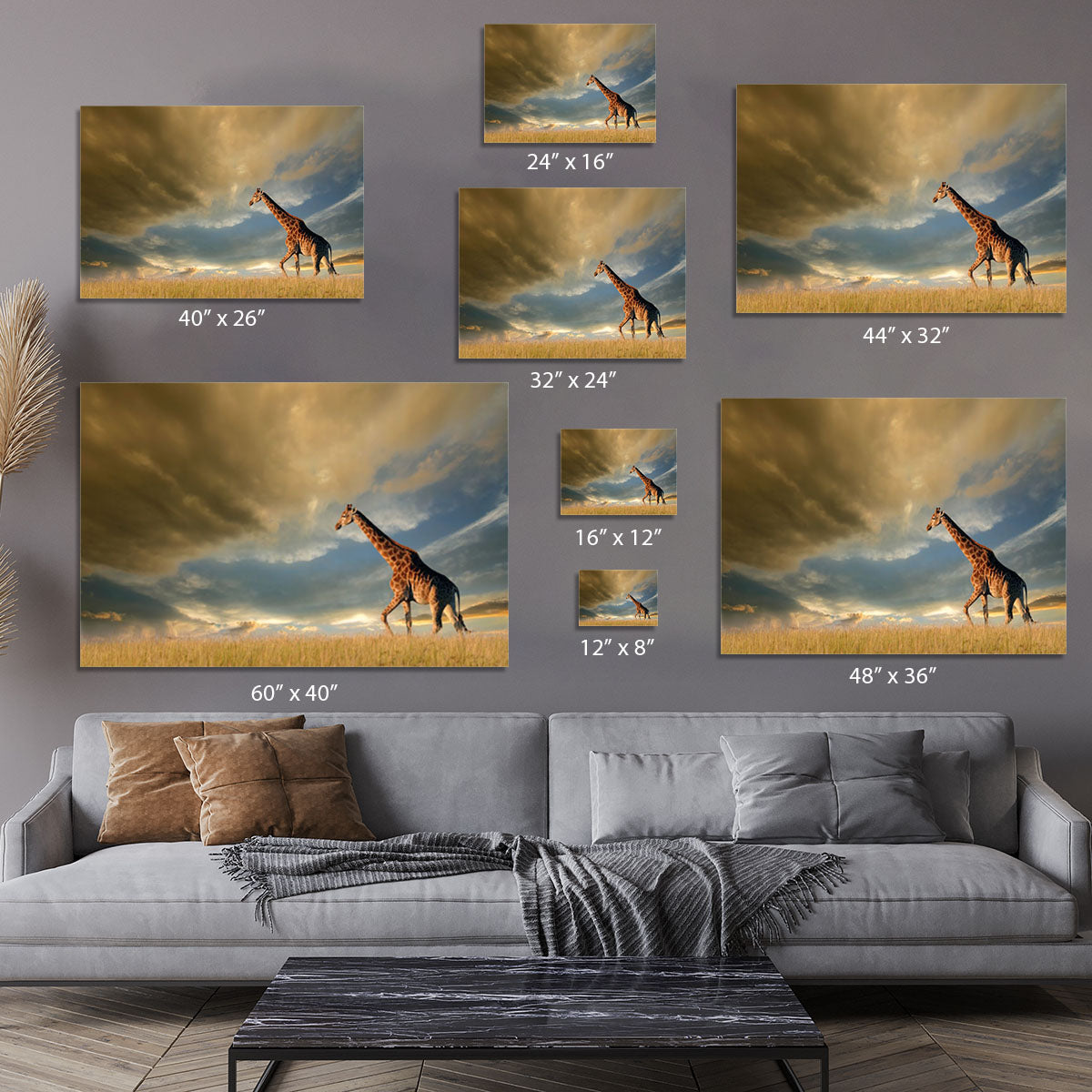 A giraffe walking on the African plains against a dramatic sky Canvas Print or Poster - Canvas Art Rocks - 7
