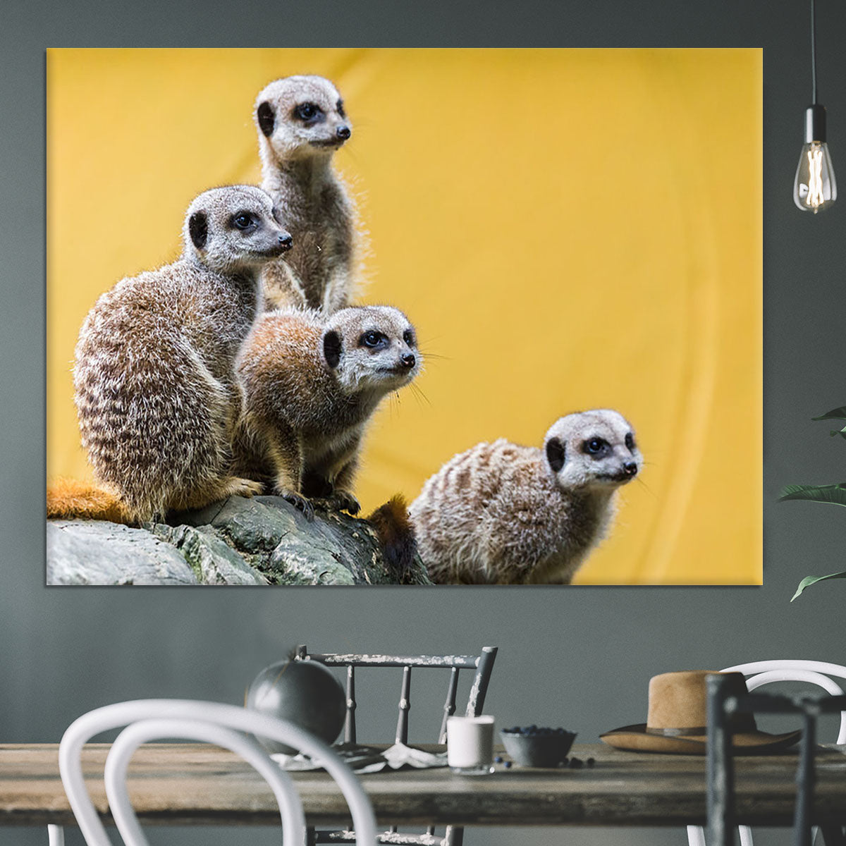 A group of meerkats seen on top of a rock Canvas Print or Poster - Canvas Art Rocks - 3