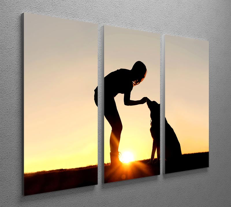 A silhouette of a girl sitting outside in the grass with her pet German Shepherd Mix Dog feeding him treats during training in front of a sunsetting sky. 3 Split Panel Canvas Print - Canvas Art Rocks - 2