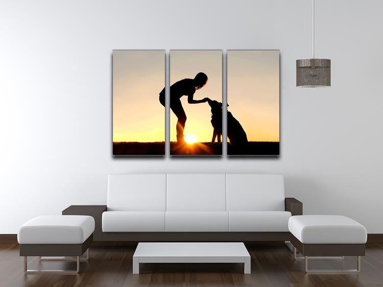 A silhouette of a girl sitting outside in the grass with her pet German Shepherd Mix Dog feeding him treats during training in front of a sunsetting sky. 3 Split Panel Canvas Print - Canvas Art Rocks - 3