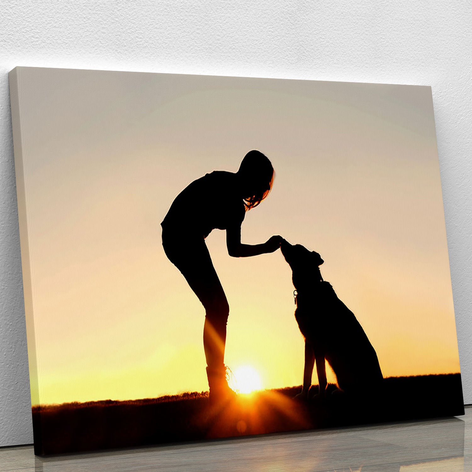 A silhouette of a girl sitting outside in the grass with her pet German Shepherd Mix Dog feeding him treats during training in front of a sunsetting sky. Canvas Print or Poster - Canvas Art Rocks - 1