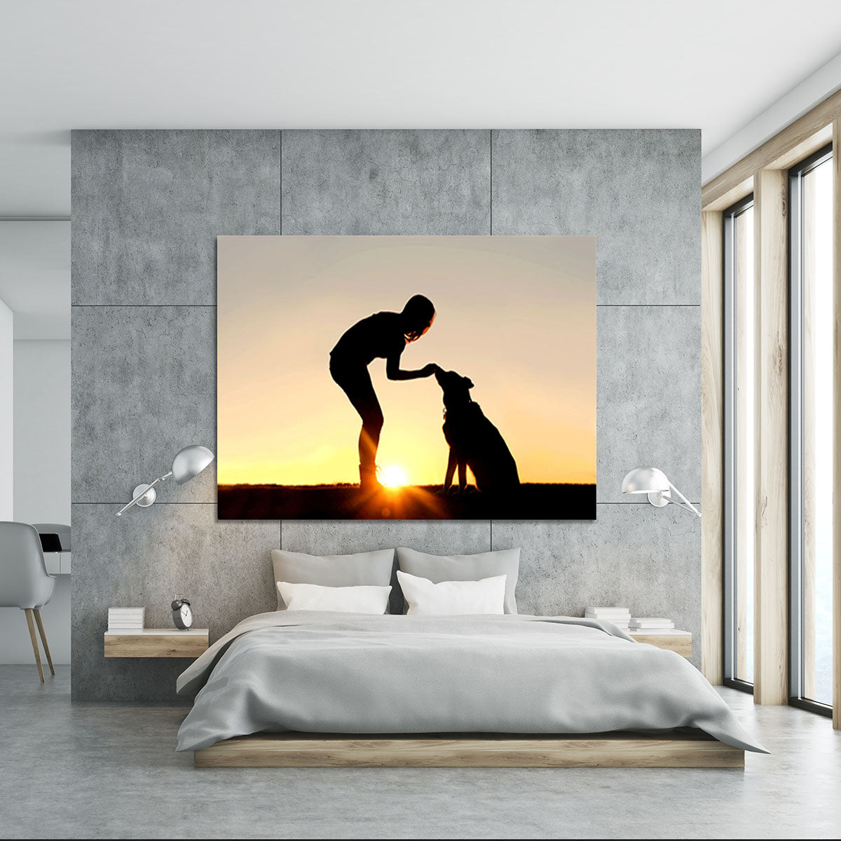 A silhouette of a girl sitting outside in the grass with her pet German Shepherd Mix Dog feeding him treats during training in front of a sunsetting sky. Canvas Print or Poster - Canvas Art Rocks - 5