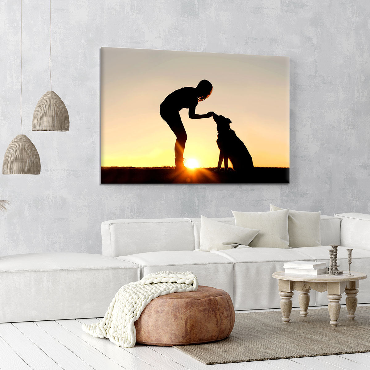 A silhouette of a girl sitting outside in the grass with her pet German Shepherd Mix Dog feeding him treats during training in front of a sunsetting sky. Canvas Print or Poster - Canvas Art Rocks - 6