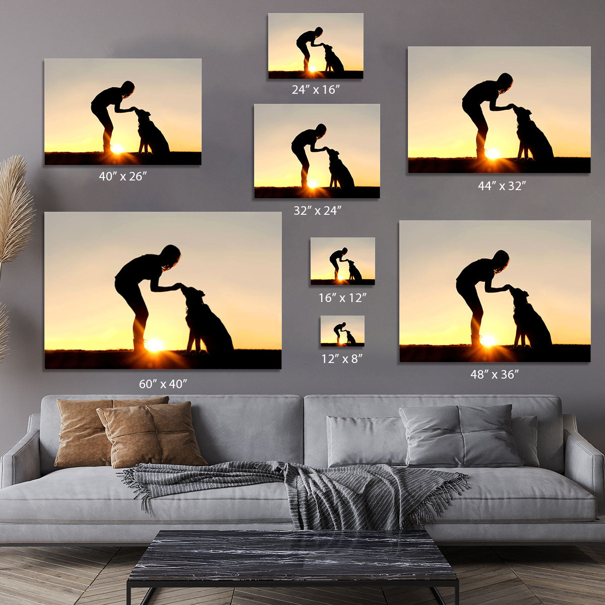 A silhouette of a girl sitting outside in the grass with her pet German Shepherd Mix Dog feeding him treats during training in front of a sunsetting sky. Canvas Print or Poster - Canvas Art Rocks - 7