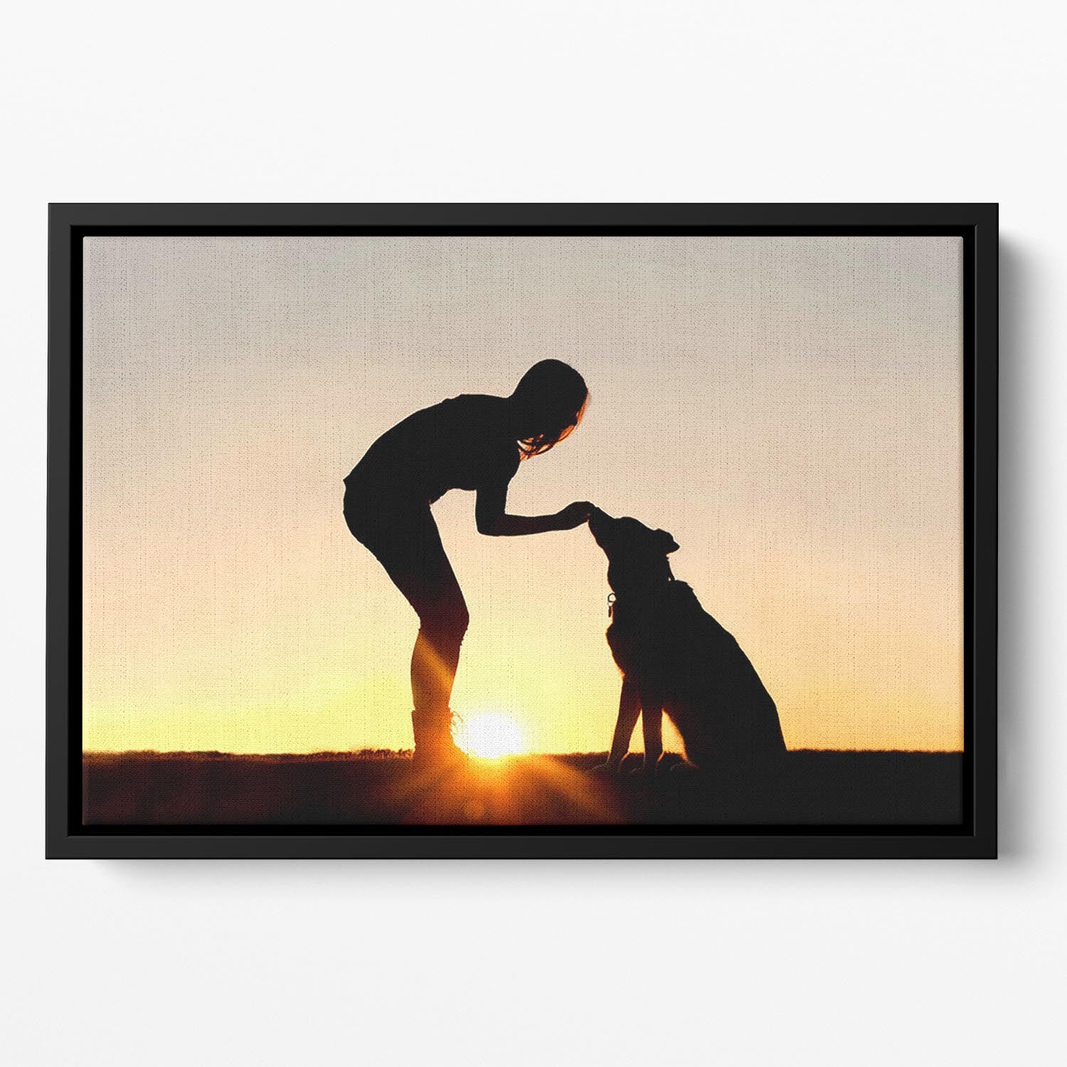 A silhouette of a girl sitting outside in the grass with her pet German Shepherd Mix Dog feeding him treats during training in front of a sunsetting sky. Floating Framed Canvas - Canvas Art Rocks - 2