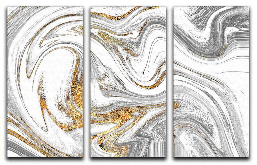 Abstract Swirled White Grey and Gold Marble 3 Split Panel Canvas Print - Canvas Art Rocks - 1
