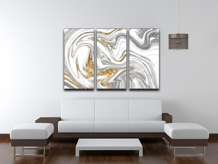Abstract Swirled White Grey and Gold Marble 3 Split Panel Canvas Print - Canvas Art Rocks - 3