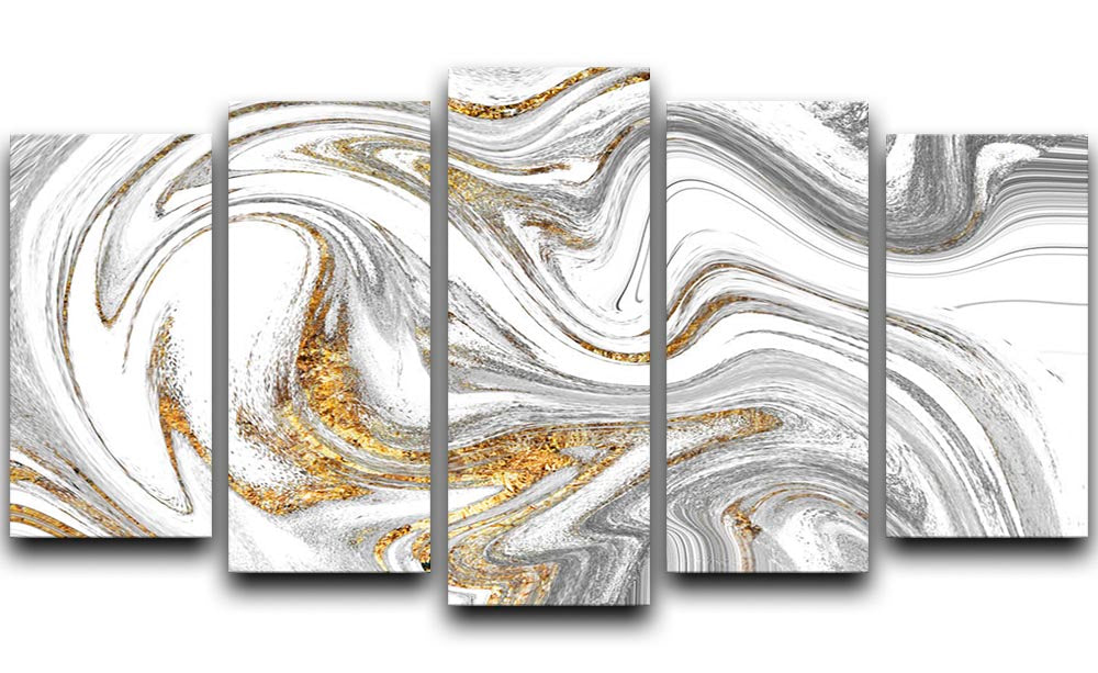 Abstract Swirled White Grey and Gold Marble 5 Split Panel Canvas - Canvas Art Rocks - 1