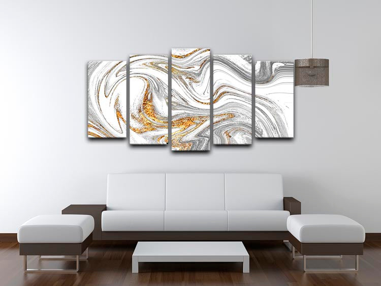 Abstract Swirled White Grey and Gold Marble 5 Split Panel Canvas - Canvas Art Rocks - 3