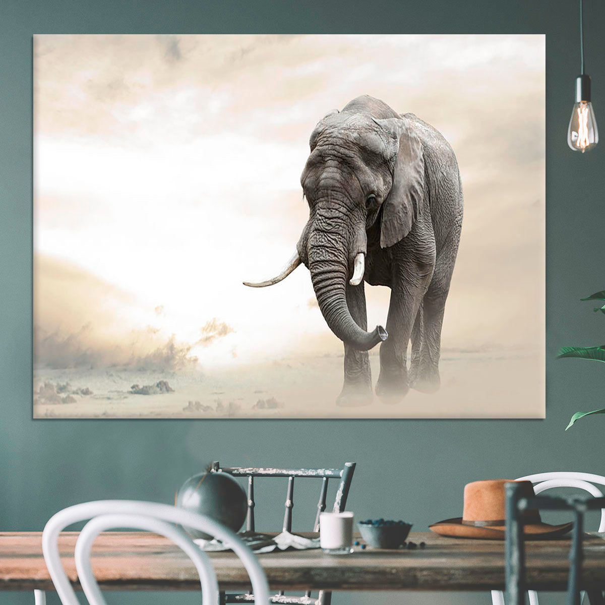 African elephant male walking alone in desert at sunset Canvas Print or Poster - Canvas Art Rocks - 3
