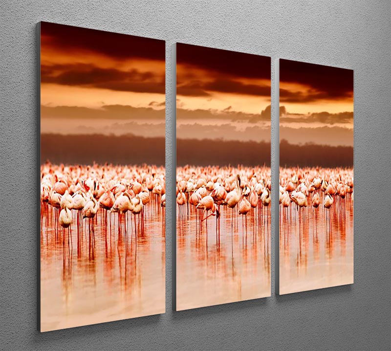 African flamingos in the lake over beautiful sunset 3 Split Panel Canvas Print - Canvas Art Rocks - 2