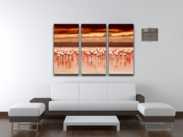 African flamingos in the lake over beautiful sunset 3 Split Panel Canvas Print - Canvas Art Rocks - 3