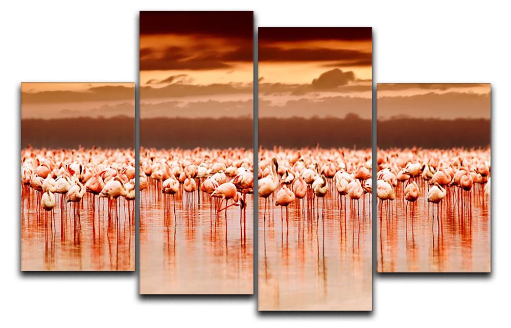 African flamingos in the lake over beautiful sunset 4 Split Panel Canvas - Canvas Art Rocks - 1