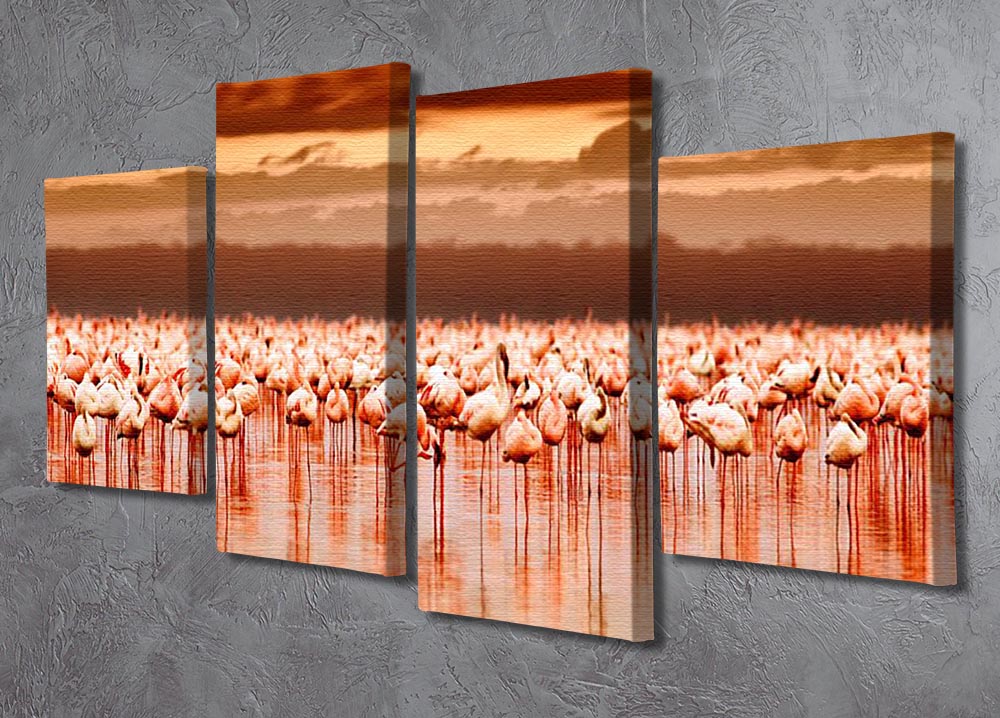 African flamingos in the lake over beautiful sunset 4 Split Panel Canvas - Canvas Art Rocks - 2