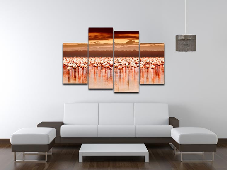 African flamingos in the lake over beautiful sunset 4 Split Panel Canvas - Canvas Art Rocks - 3