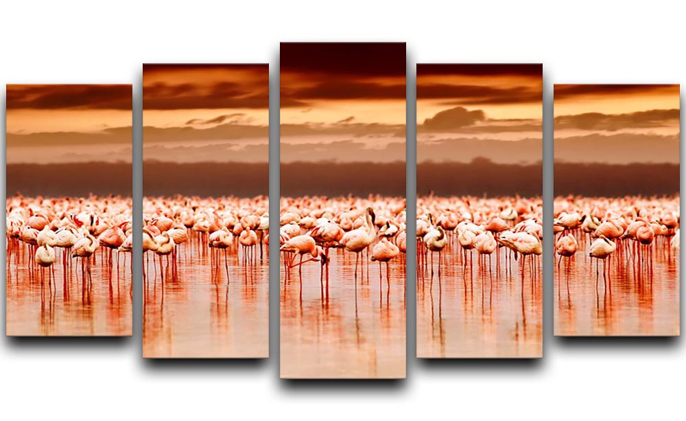 African flamingos in the lake over beautiful sunset 5 Split Panel Canvas - Canvas Art Rocks - 1