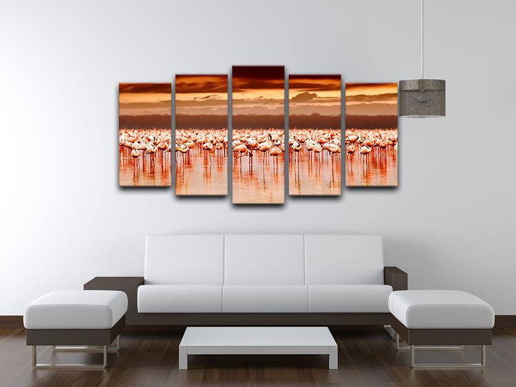 African flamingos in the lake over beautiful sunset 5 Split Panel Canvas - Canvas Art Rocks - 3