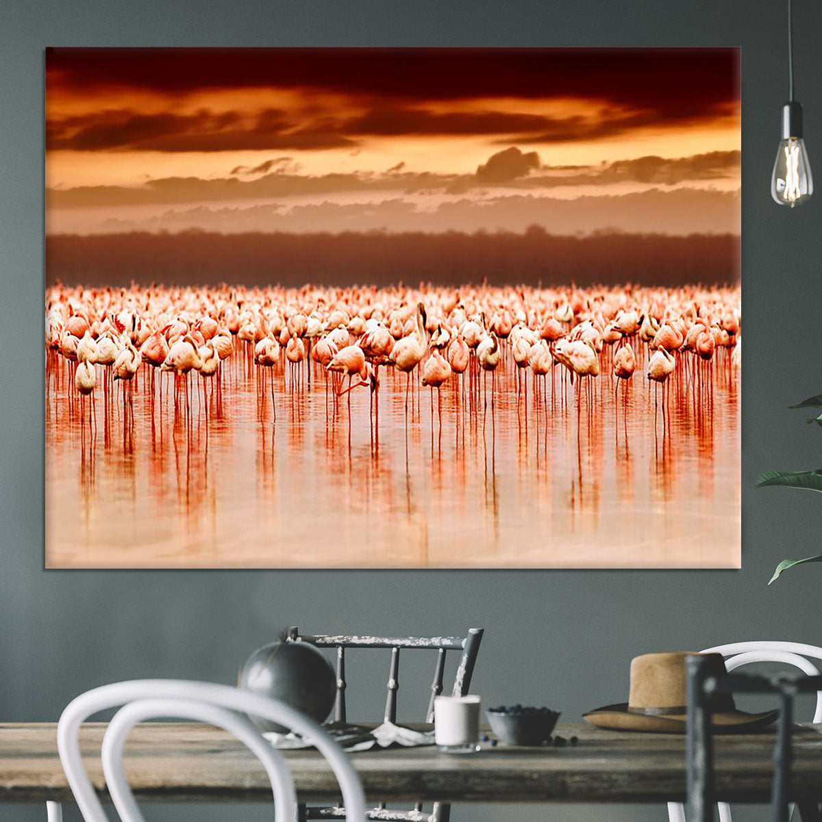 African flamingos in the lake over beautiful sunset Canvas Print or Poster - Canvas Art Rocks - 3