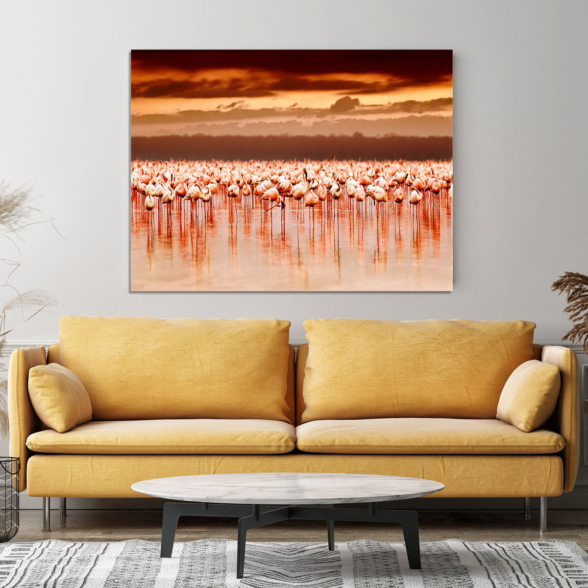 African flamingos in the lake over beautiful sunset Canvas Print or Poster - Canvas Art Rocks - 4