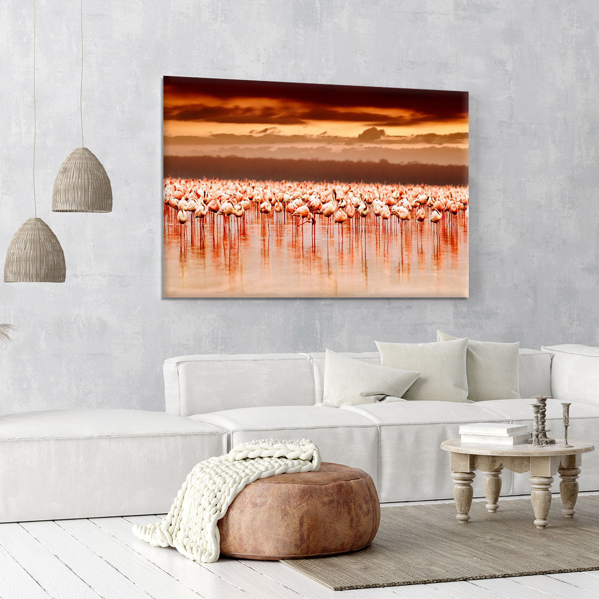 African flamingos in the lake over beautiful sunset Canvas Print or Poster - Canvas Art Rocks - 6