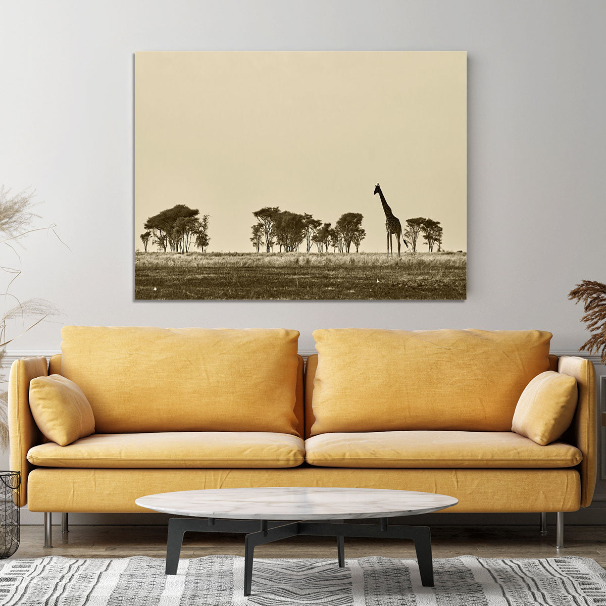 African landscape with giraffe in black and white Canvas Print or Poster - Canvas Art Rocks - 4