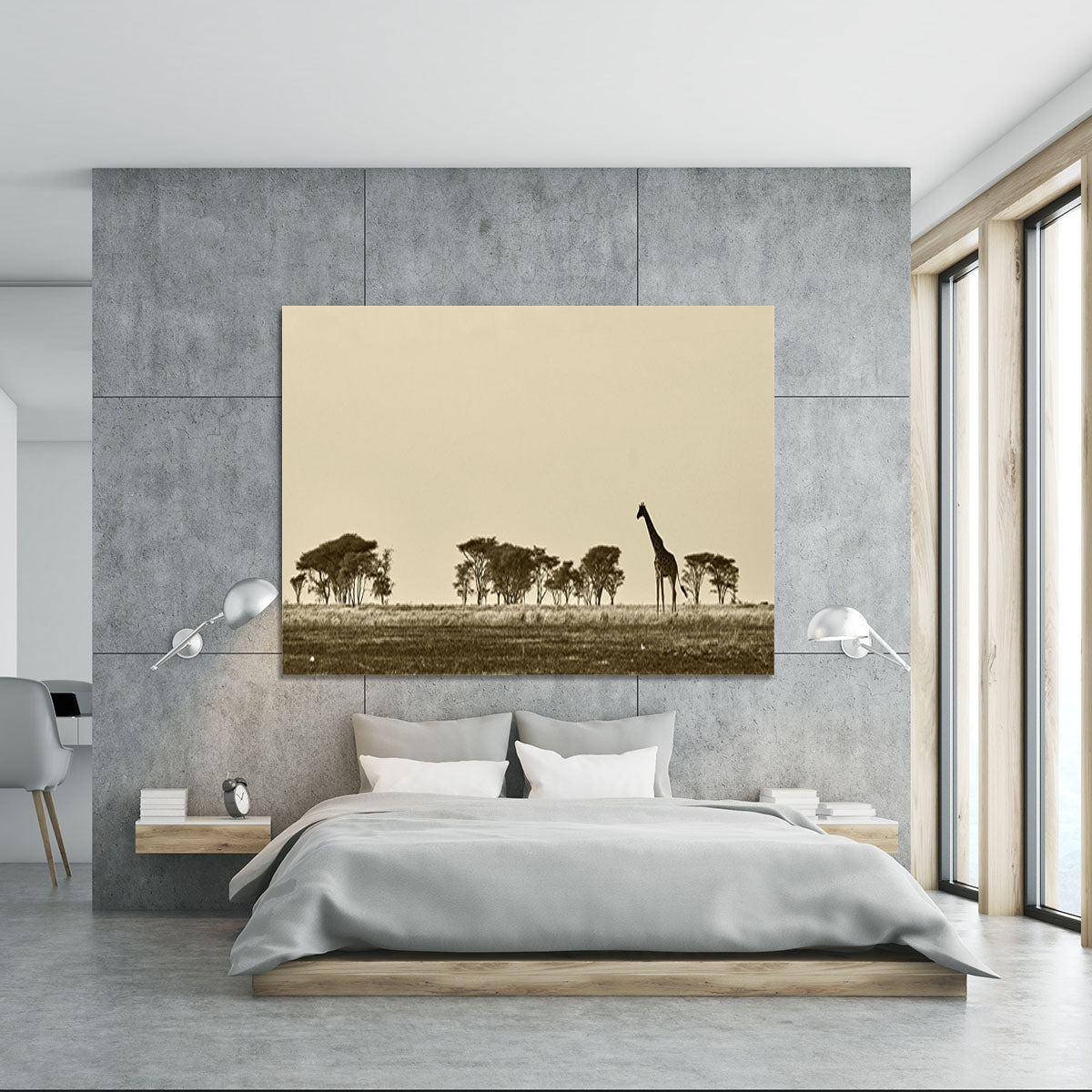 African landscape with giraffe in black and white Canvas Print or Poster - Canvas Art Rocks - 5