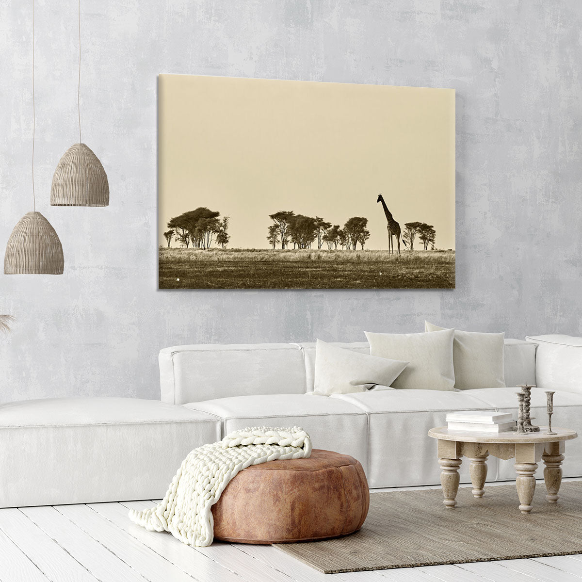 African landscape with giraffe in black and white Canvas Print or Poster - Canvas Art Rocks - 6