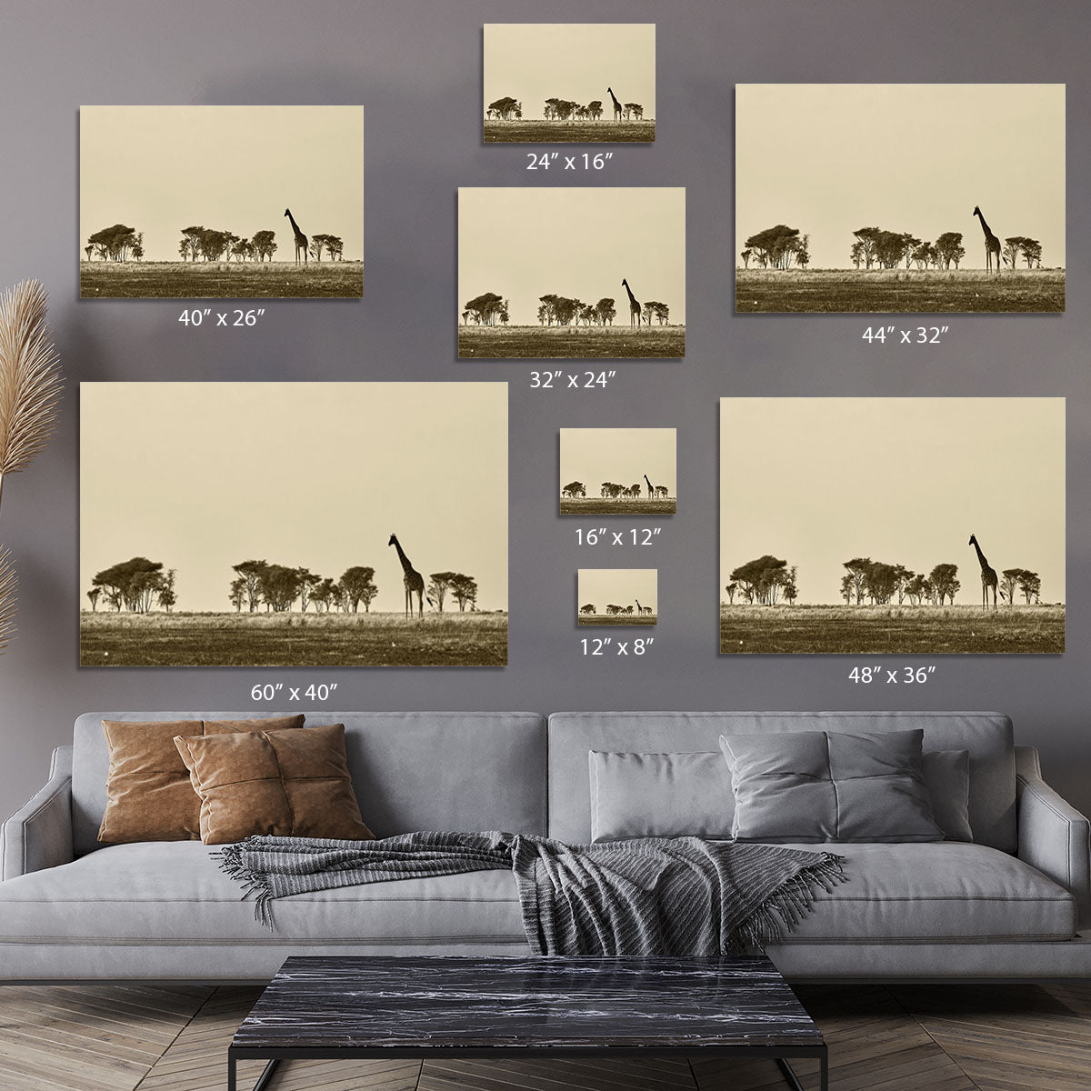 African landscape with giraffe in black and white Canvas Print or Poster - Canvas Art Rocks - 7