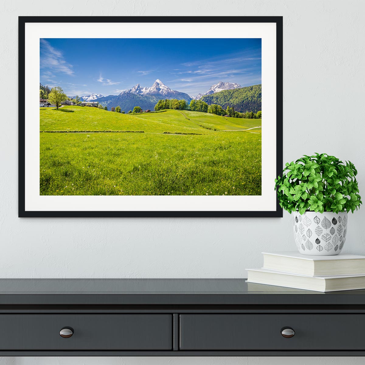 Alps with fresh green meadow Framed Print - Canvas Art Rocks - 1