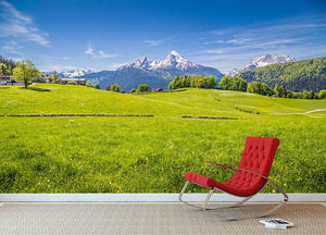 Alps with fresh green meadow Wall Mural Wallpaper - Canvas Art Rocks - 2