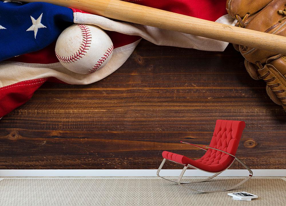American flag with vintage baseball Wall Mural Wallpaper - Canvas Art Rocks - 2