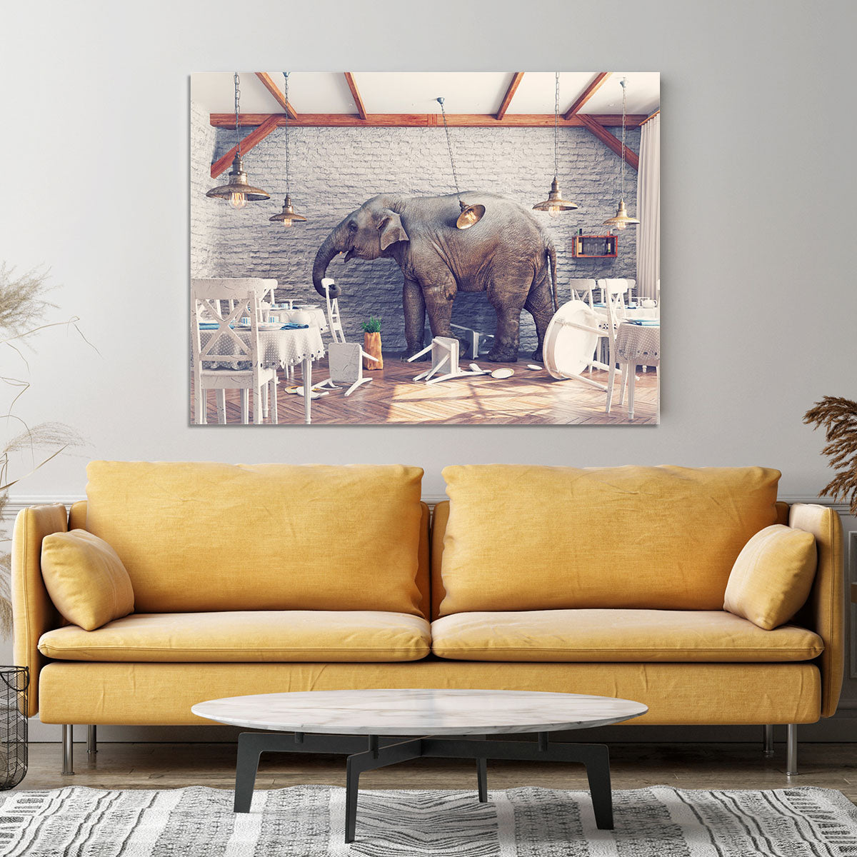 An elephant calm in a restaurant interior Canvas Print or Poster - Canvas Art Rocks - 4
