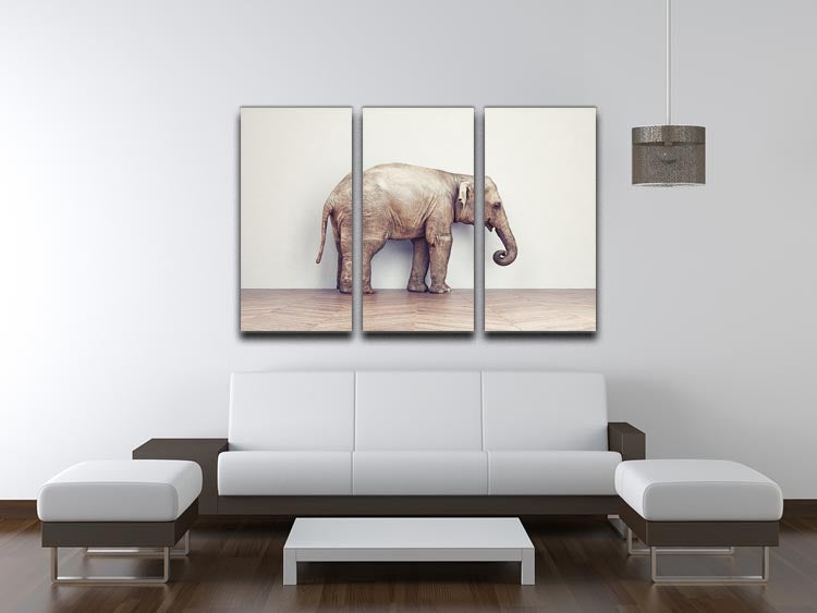 An elephant calm in the room near white wall. Creative concept 3 Split Panel Canvas Print - Canvas Art Rocks - 3