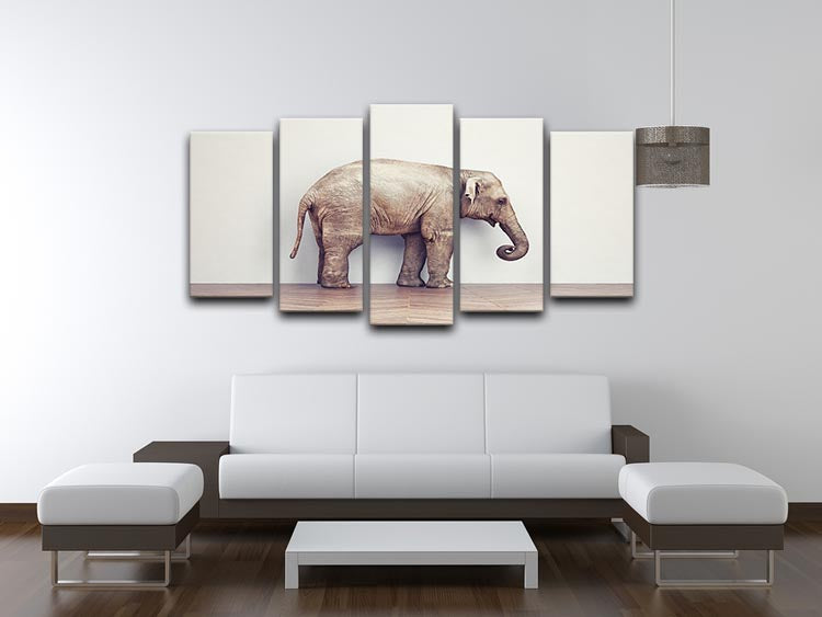 An elephant calm in the room near white wall. Creative concept 5 Split Panel Canvas - Canvas Art Rocks - 3