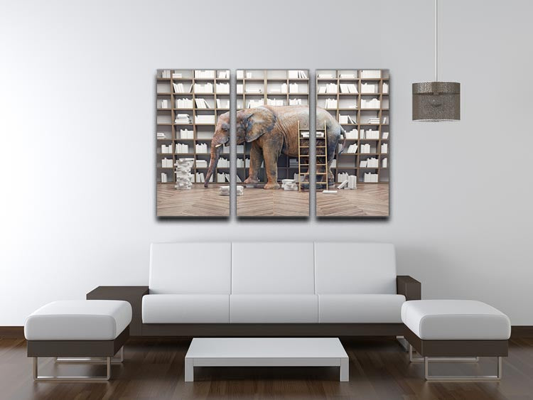 An elephant in the room with book shelves 3 Split Panel Canvas Print - Canvas Art Rocks - 3