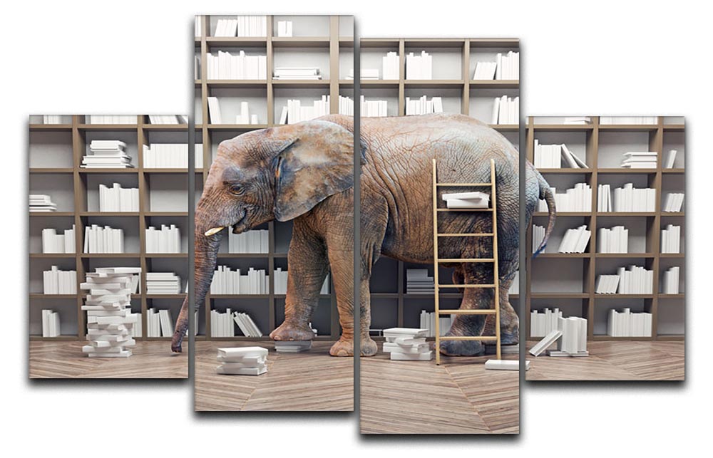 An elephant in the room with book shelves 4 Split Panel Canvas - Canvas Art Rocks - 1