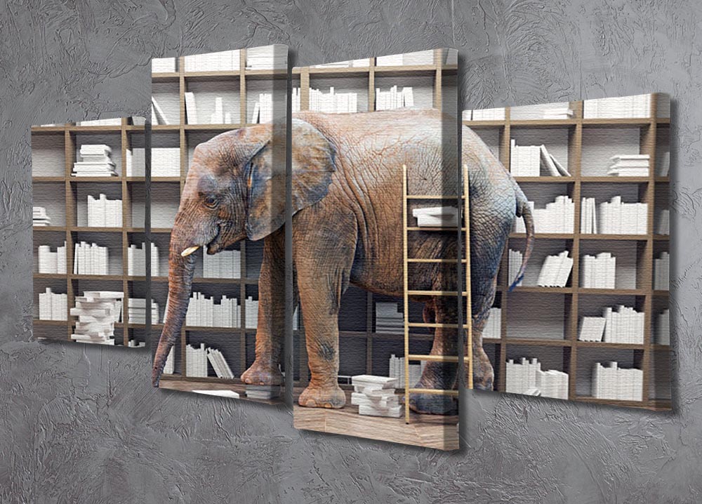 An elephant in the room with book shelves 4 Split Panel Canvas - Canvas Art Rocks - 2